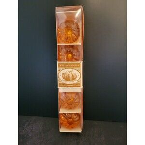 4 Williams Sonoma Amber Glass Tiny Taper Candle Candlestick Holders Pumpkins